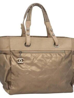 CHANEL Paris Biarritz MM Tote Bag Coated Canvas Gold Tone Silver CC Auth ac3593